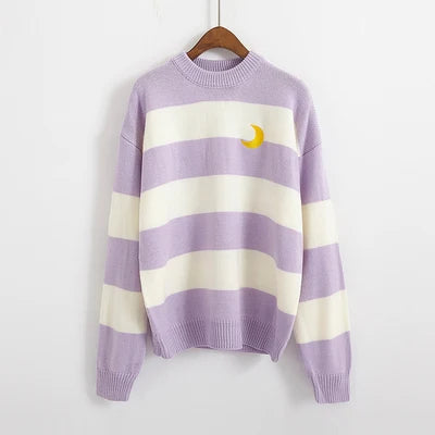 Women's Sweaters Kawaii Ulzzang College Candy Color Stripes Moon Sets Embroidery Sweater Female Harajuku Clothing For Women