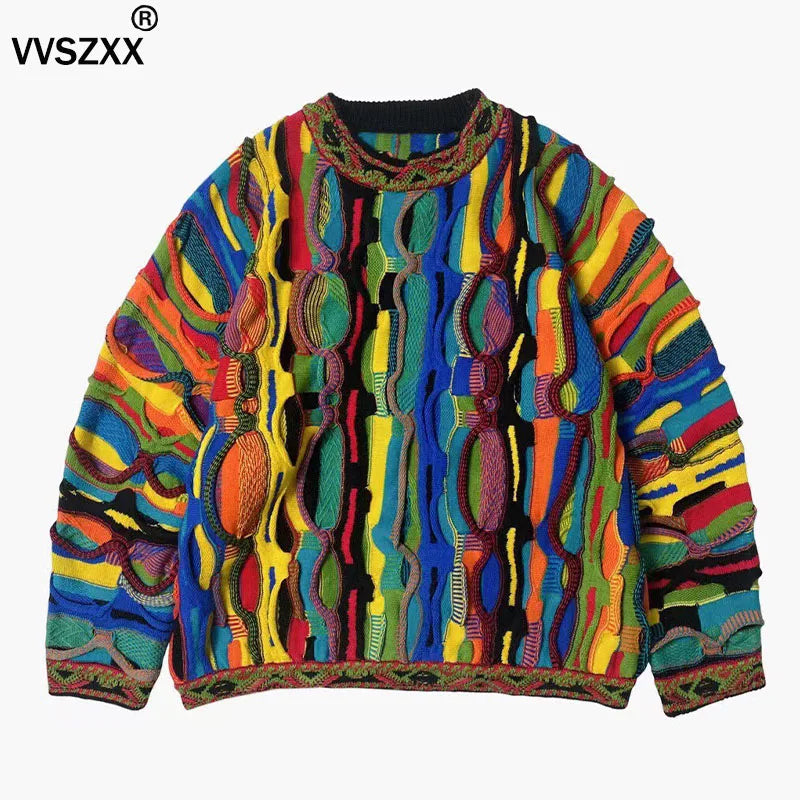 Heavy Industry Striped Knitted Sweater Ethnic Style Fashion Colorful Splicing Sweater Mens Pullover Sweater