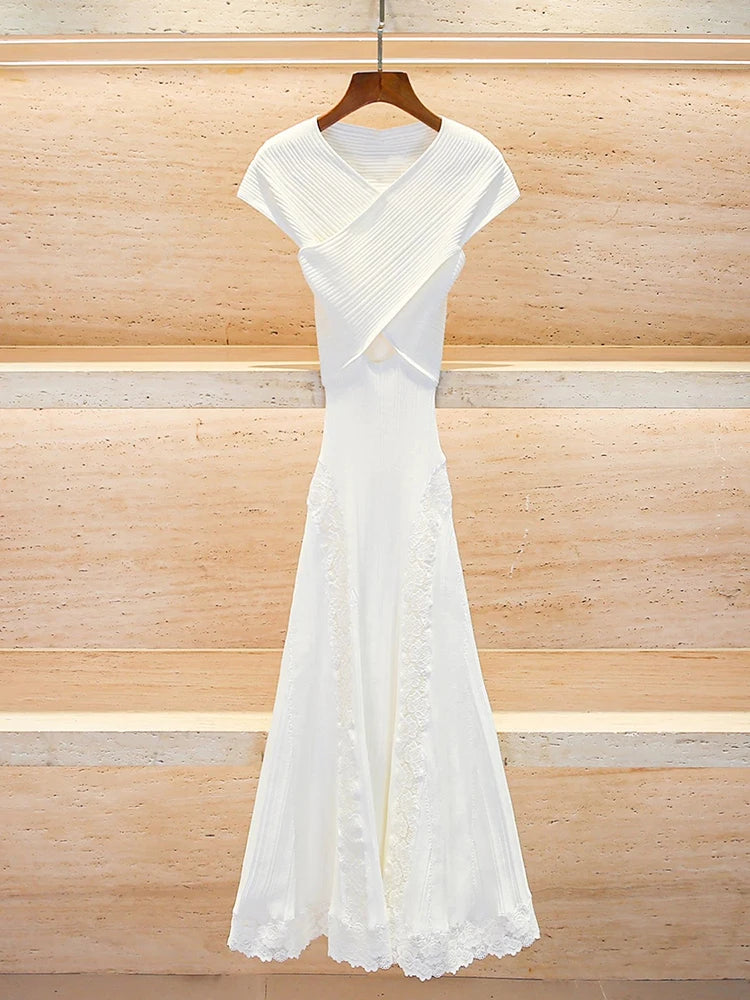 Elegant cross-top sleeveless women's dress Lace splicing elastic slim knitted long dress 2025 summer new style