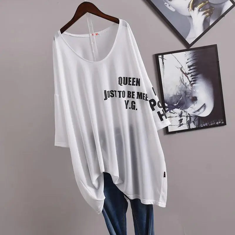 Oversize Letter Printing T Shirt Tops Summer New Short Sleeve Loose Solid All-match Thin Pullovers Casual Fashion Women Clothes