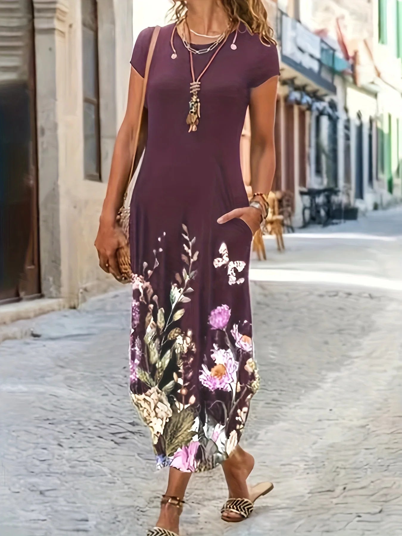 Women's Summer New Casual Fashion Printed Pocket Dress Women's Mid length Dress