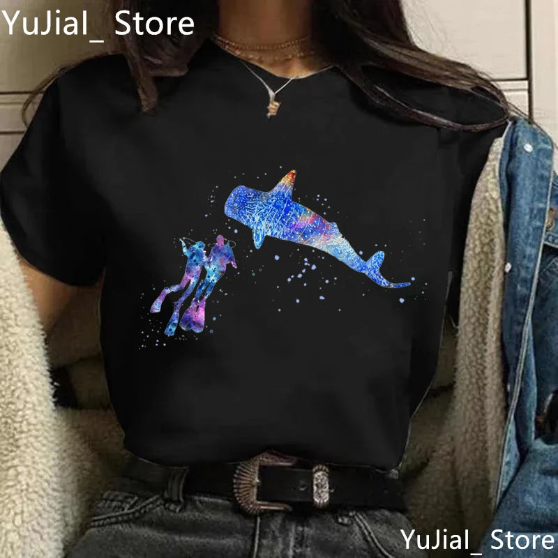 Watercolor Scuba Diving Lover Printed Sports Art Tee Shirt Femme Cute Summer Top Woman Clothes Ropa Mujer Custom Tshirt