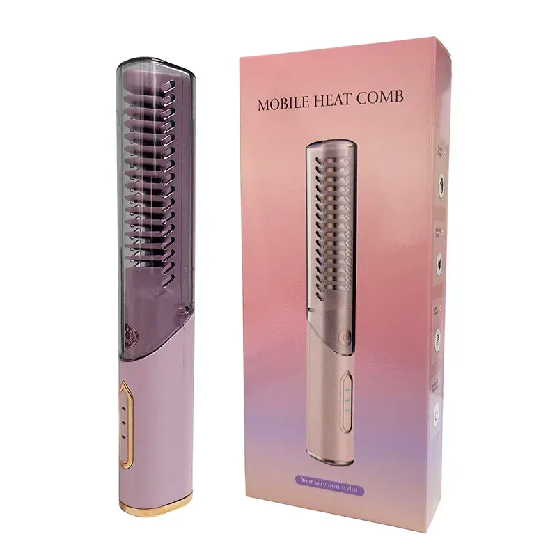 Portable Wireless Electric Hair Brush Heating Hair Straightener 2 IN 1 Home Travel Womem Anti-scalding Hair Straight Curly Comb