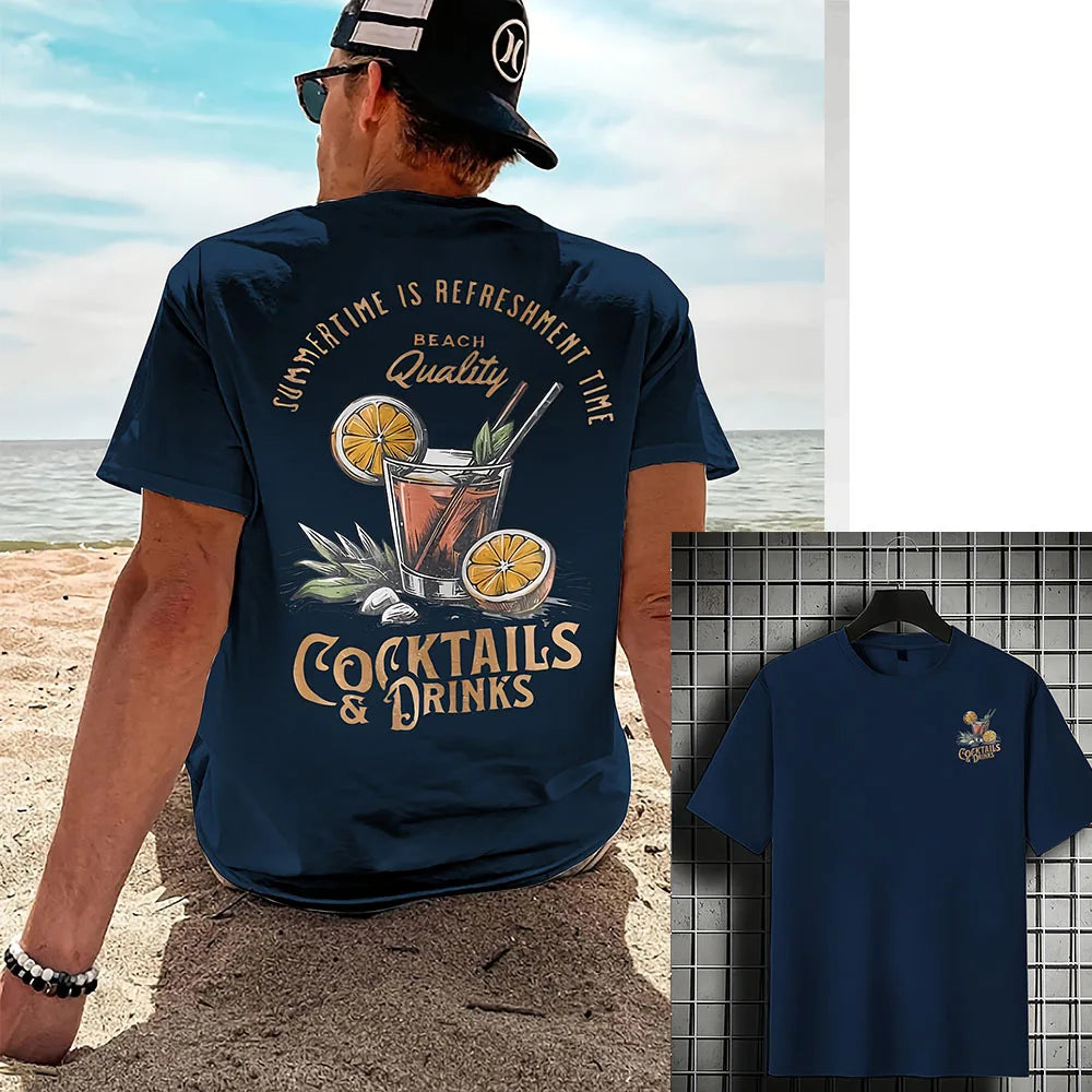 COCKTAILS DRINKS Printed T-shirt Men Summer Beach Short Sleeved Tops Unisex Casual Loose T Shirts Street Men's Cotton Tees
