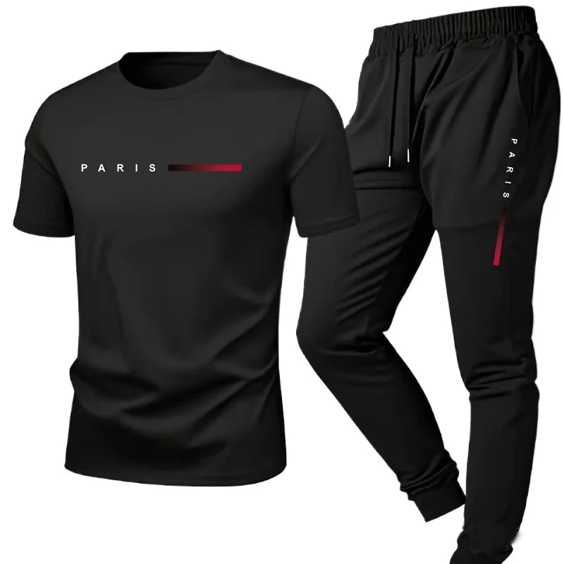 PARIS Men s casual suit spring and summer new style letter print American trend sports fashion short sleeved pants two-piece set