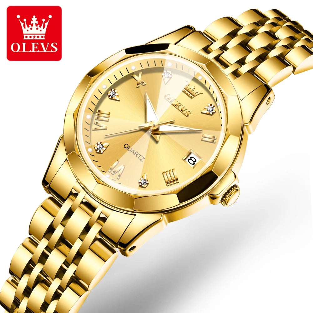 OLEVS Fashion Luxury Golden Watch For Women Stainless Steel Wristwatch Elegant Rhombus Quartz Waterproof Women's Watches Reloj