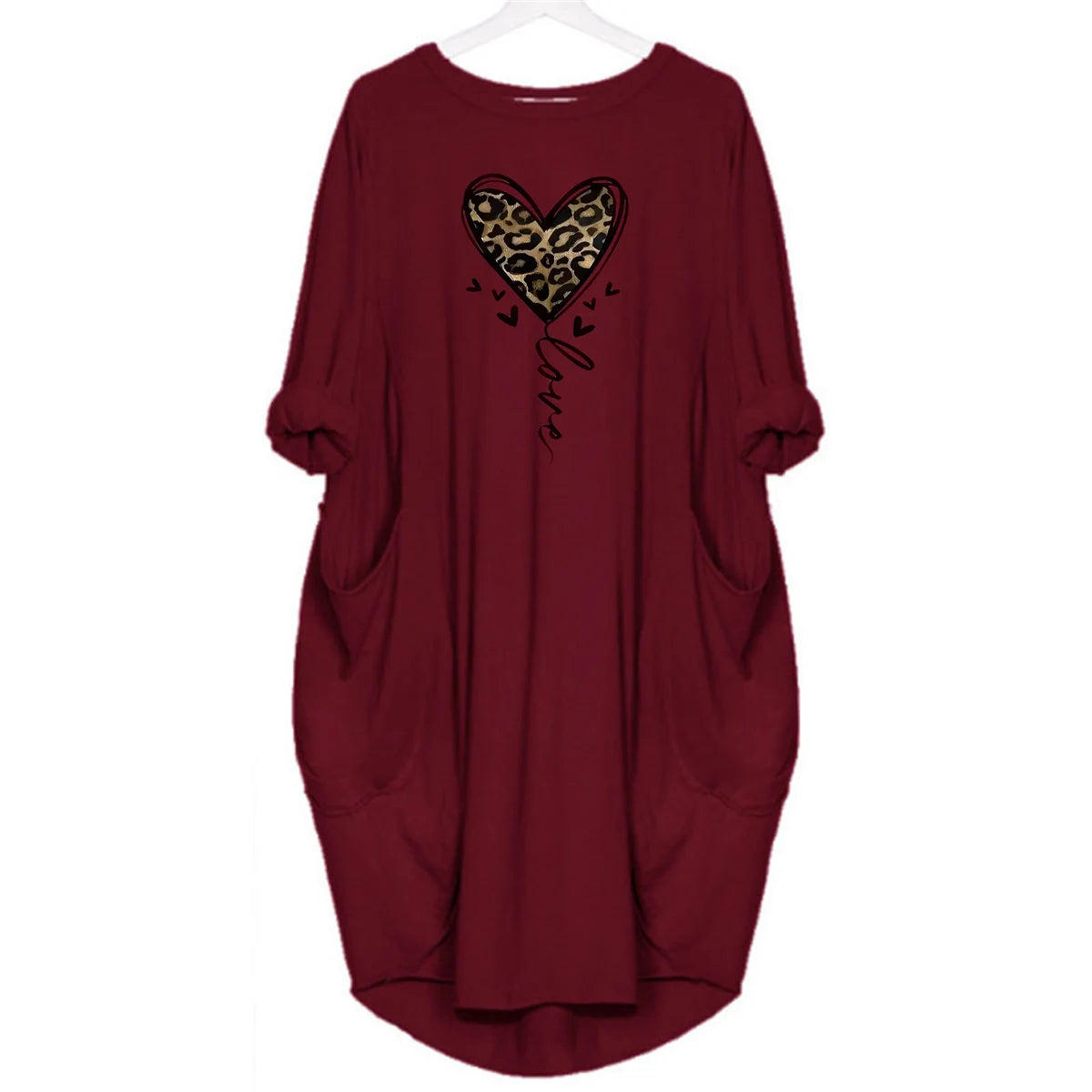 Women's spring and summer leopard print heart-shaped print casual and fashionable loose plus size long sleeved pocket dress