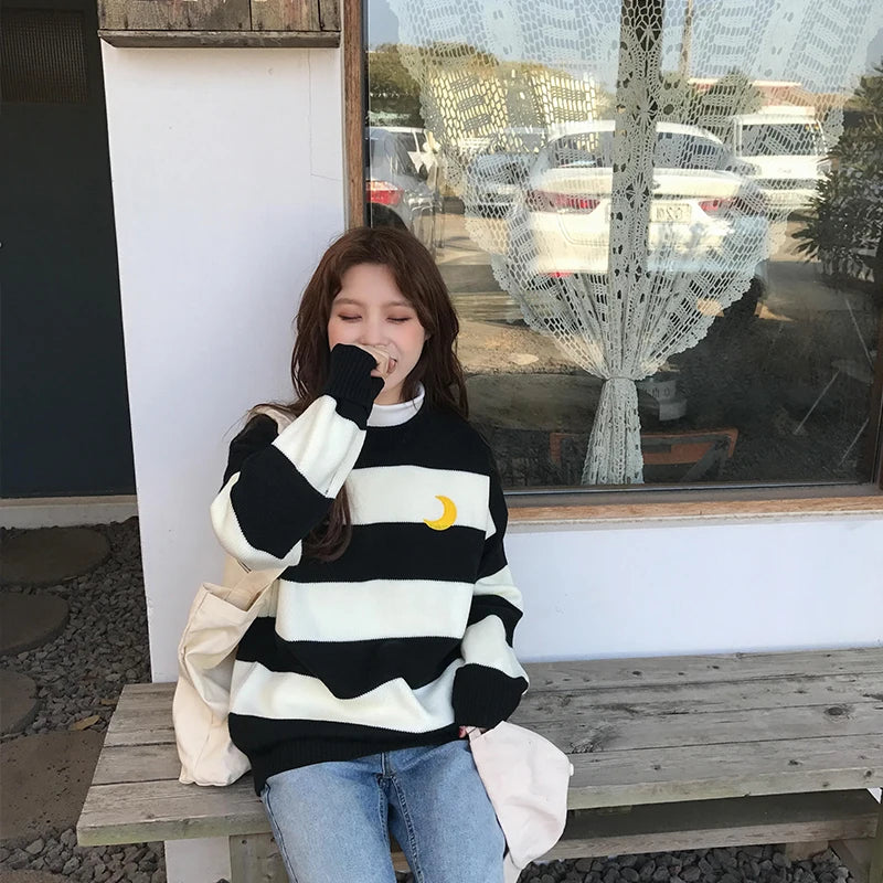 Women's Sweaters Kawaii Ulzzang College Candy Color Stripes Moon Sets Embroidery Sweater Female Harajuku Clothing For Women