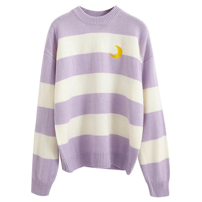 Women's Sweaters Kawaii Ulzzang College Candy Color Stripes Moon Sets Embroidery Sweater Female Harajuku Clothing For Women