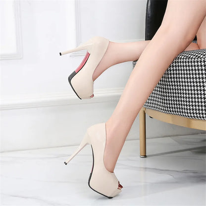 10/12/14cm Super High Heels Women Fashion Leather Shoes Spring Fall Peep Toe Platform Party Nude Black Office Dress Pumps Female
