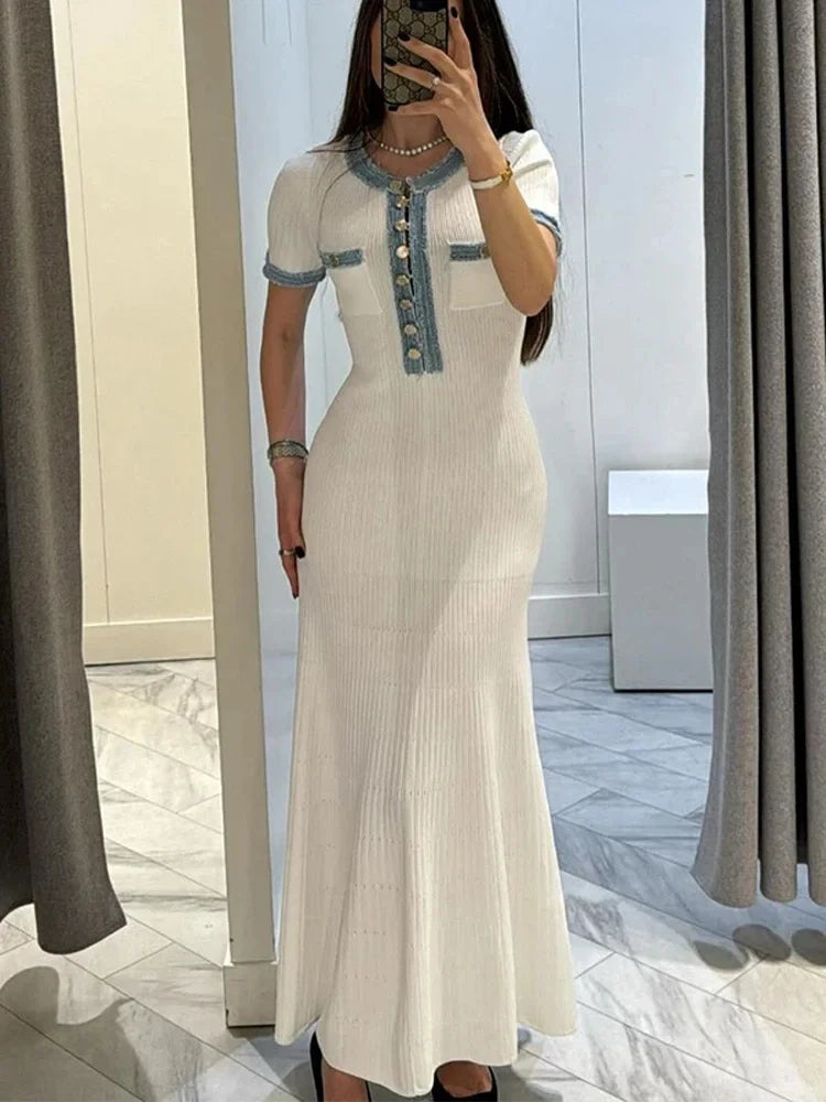 Elegant Metal Single Breasted Dresses For Women Contrast Knit Chic O-neck Short Sleevee Maxi Dress 2024 Female High Street Robes