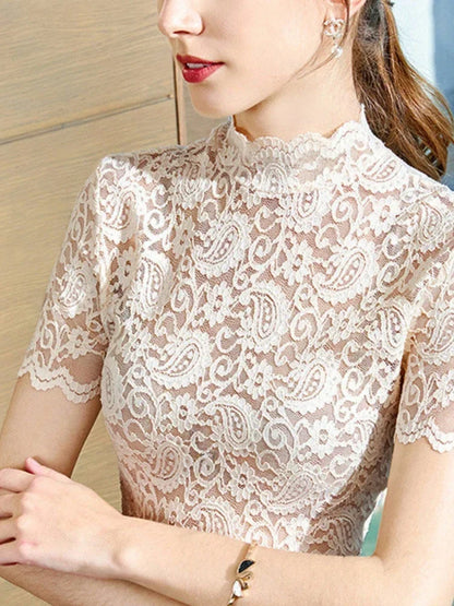 Summer Women Short Sleeve Tops Solid Color Lace Hollow Sexy Bottom Shirt Turtleneck Thin T-shirt Transparent Gauze Tees