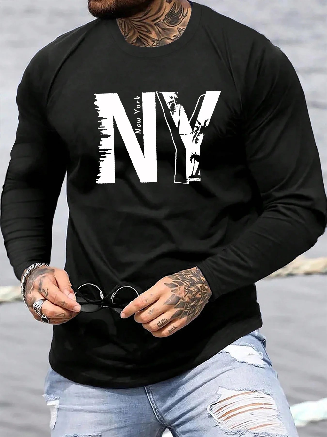 Men's 100% pure cotton loose fit plus size casual sports New York NY letter printed round neck long sleeved T-shirt top