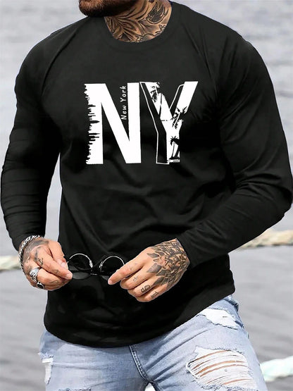Men's 100% pure cotton loose fit plus size casual sports New York NY letter printed round neck long sleeved T-shirt top