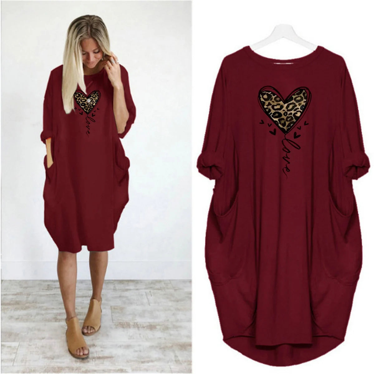 Women's spring and summer leopard print heart-shaped print casual and fashionable loose plus size long sleeved pocket dress