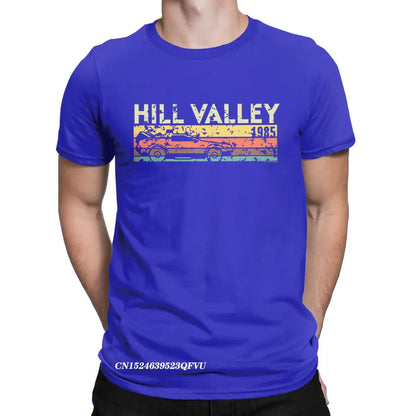 Hill Valley 1985 Tee Shirt Men Back To The Future Tops T Shirts Doc Brown Marty Delorean Time Travel Movie BTTF Tees Plus Size