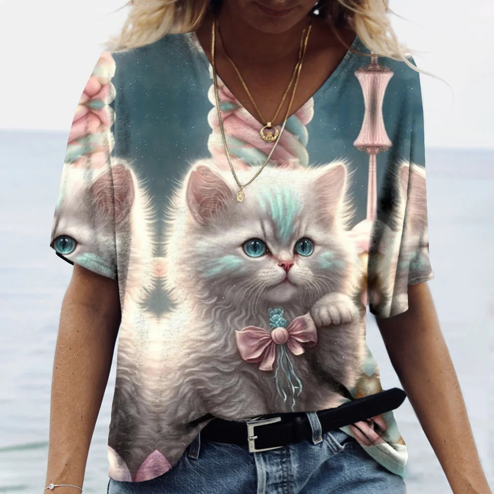 Fashion Women's T-shirt Cat Print Short Sleeve Clothes Female Harajuku Tees Ladies T Shirt Oversized Tops Animal Women Clothing
