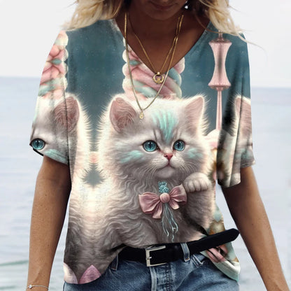 Fashion Women's T-shirt Cat Print Short Sleeve Clothes Female Harajuku Tees Ladies T Shirt Oversized Tops Animal Women Clothing