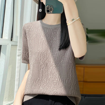 Women's T-shirt Summer Worsted Wool Sweater Short Sleeve Casual Solid Color Ladies' Clothes Round Neck Tops Loose Blouse