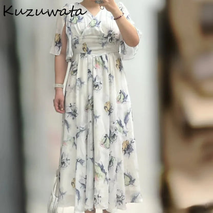 Kuzuwata Elegant V Neck Raglan Sleeve Rose Print Robe Lace Up High Waist Ruched Casual Mujer Japan New Slim Fit Sweet Dresses