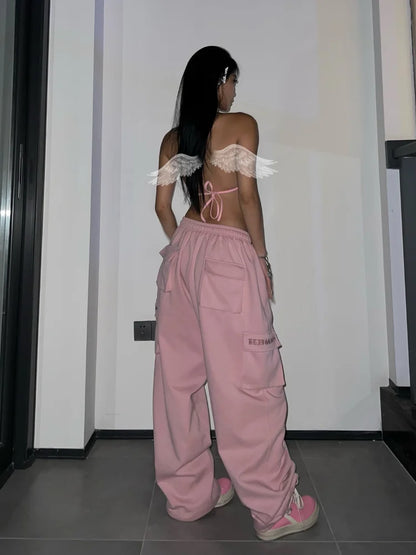 Y2K Pink Cargo Parachute Pants Oversize Hip Hop Jogging Sweatpants Egirl 90s Aesthetic Vintage Wide Leg Trousers Female