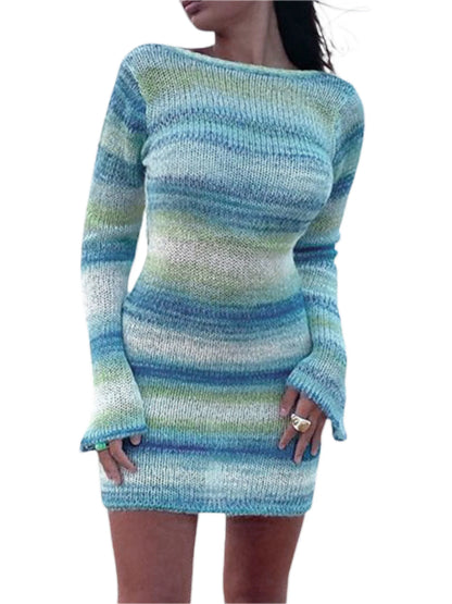 Elegants Dress For Women O-Neck Autumn Knitted Dress Collision sweater long sleeve round neck striped dress