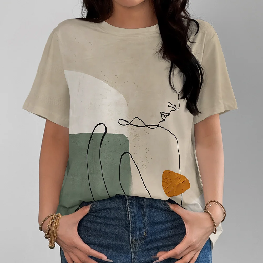 Rice Green Abstract Line Art Women's T-shirt Simple Casual Fashion Summer Round Neck Short Sleeve