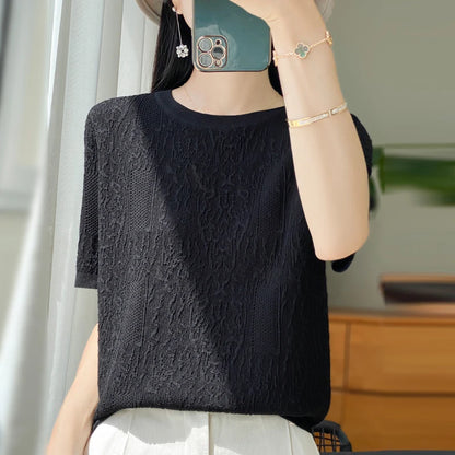 Women's T-shirt Summer Worsted Wool Sweater Short Sleeve Casual Solid Color Ladies' Clothes Round Neck Tops Loose Blouse