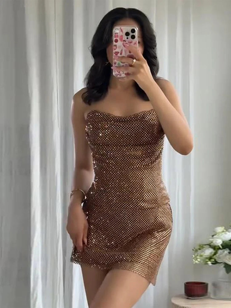 Fashion Rhinestone Party Dresses Chic Female Sleeveless Glitter Backless Hip Package Dress 2025 New Crystal Women Evening Robe