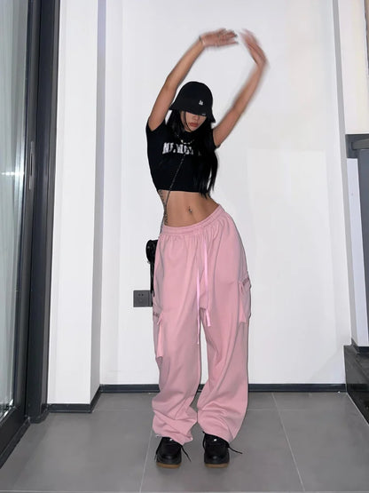 Y2K Pink Cargo Parachute Pants Oversize Hip Hop Jogging Sweatpants Egirl 90s Aesthetic Vintage Wide Leg Trousers Female