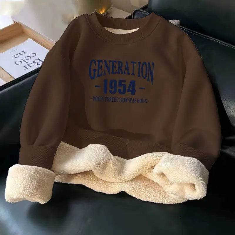 Women Hoodies Sweatshirt Letter Printing Lamb Velvet Thickened Street Warm Pullover Loose Crewneck Brown Hoodies Woman Clothing