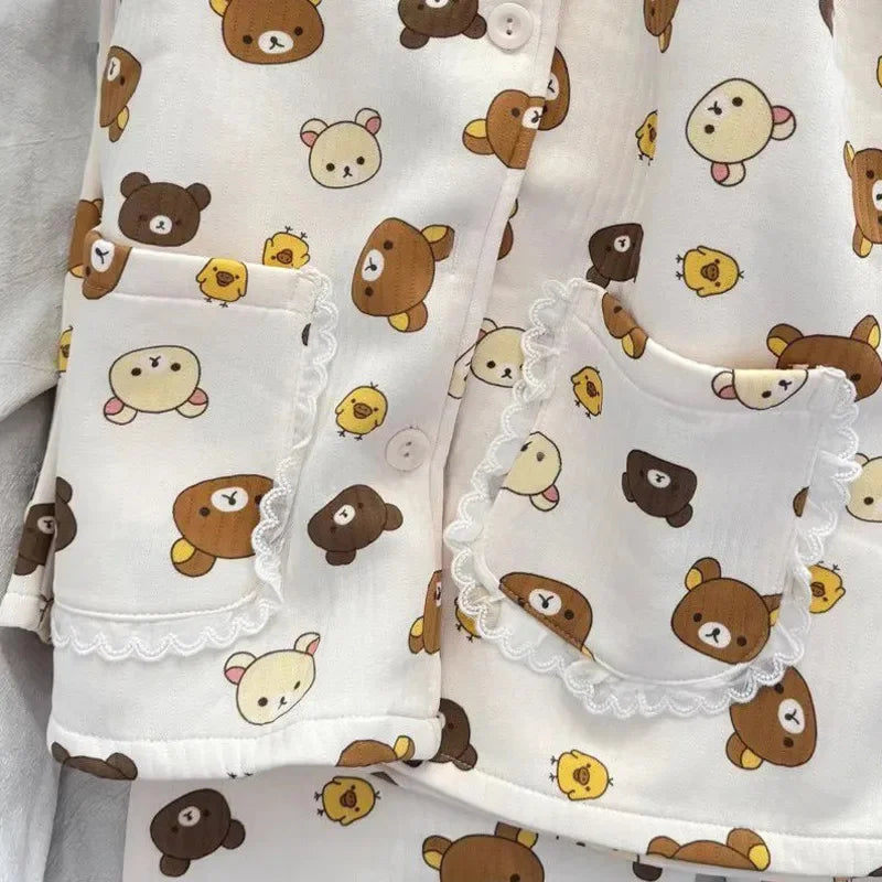 Rilakkuma Pajama Set Embroidery Hoodie Autumn Winter Y2K Coral Fleece Pajama Women Cute Button Thin Warm Home Set Top Pants New