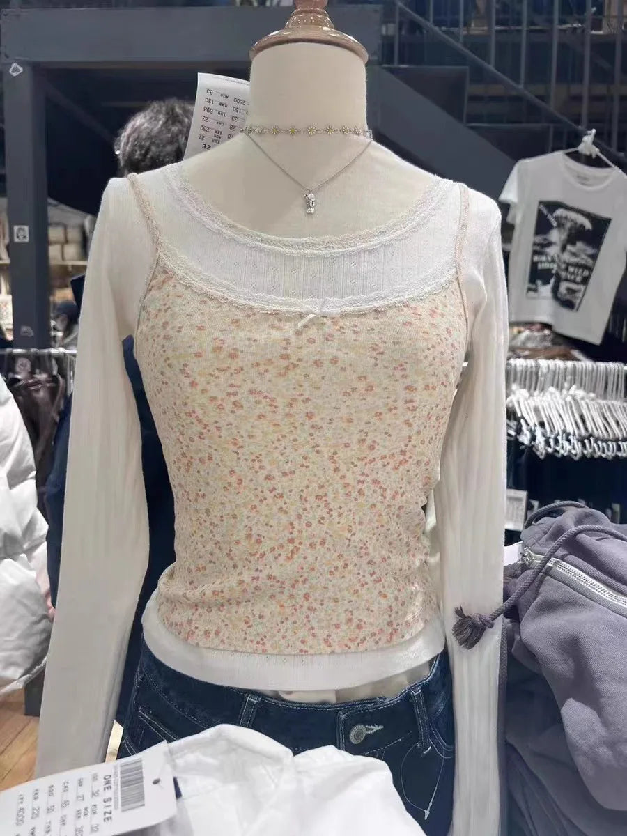 Retro Patchwork Ribbed Cotton Tops Women Summer Sweet Ruffle Square Collar Sleeveless Bow Camis Vintage Chic Slim Crop Top 2024