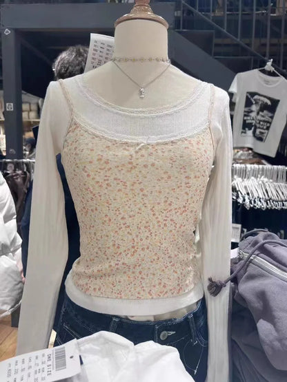 Retro Patchwork Ribbed Cotton Tops Women Summer Sweet Ruffle Square Collar Sleeveless Bow Camis Vintage Chic Slim Crop Top 2024