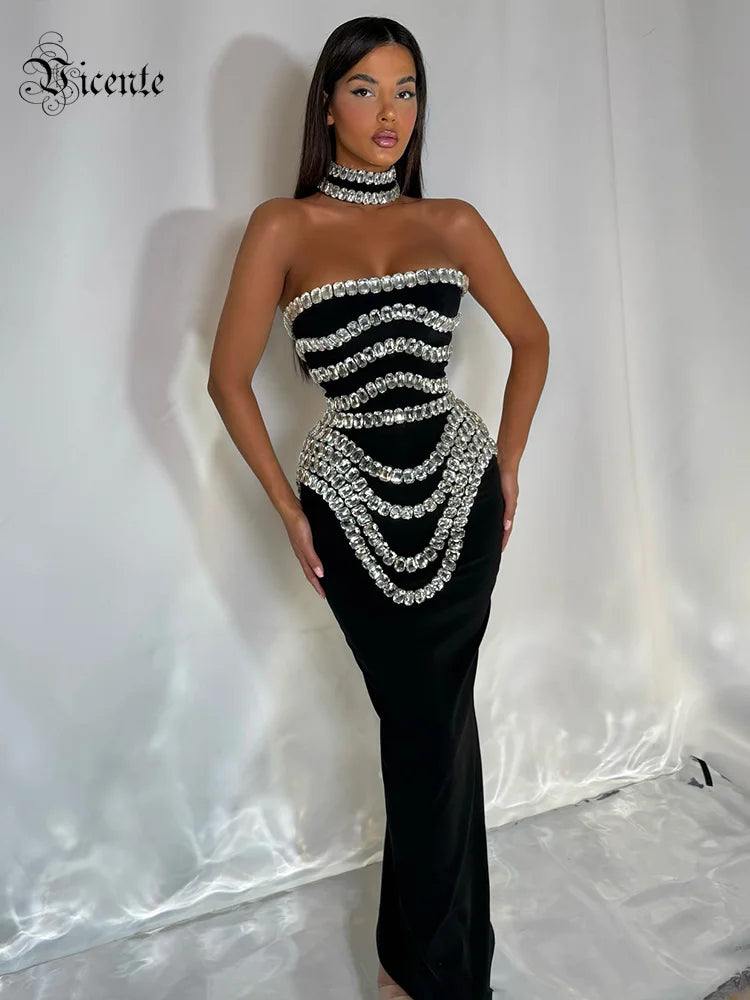 VC Black Strapless Long Dress Diamonds Embellished Bodycon Bandage Prom Celebrity Party Evening Gowns Dropshipping