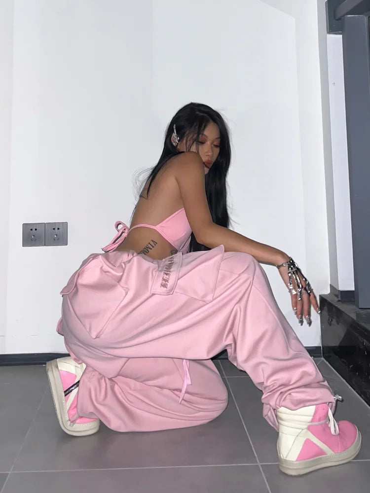 Y2K Pink Cargo Parachute Pants Oversize Hip Hop Jogging Sweatpants Egirl 90s Aesthetic Vintage Wide Leg Trousers Female