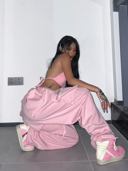 Y2K Pink Cargo Parachute Pants Oversize Hip Hop Jogging Sweatpants Egirl 90s Aesthetic Vintage Wide Leg Trousers Female