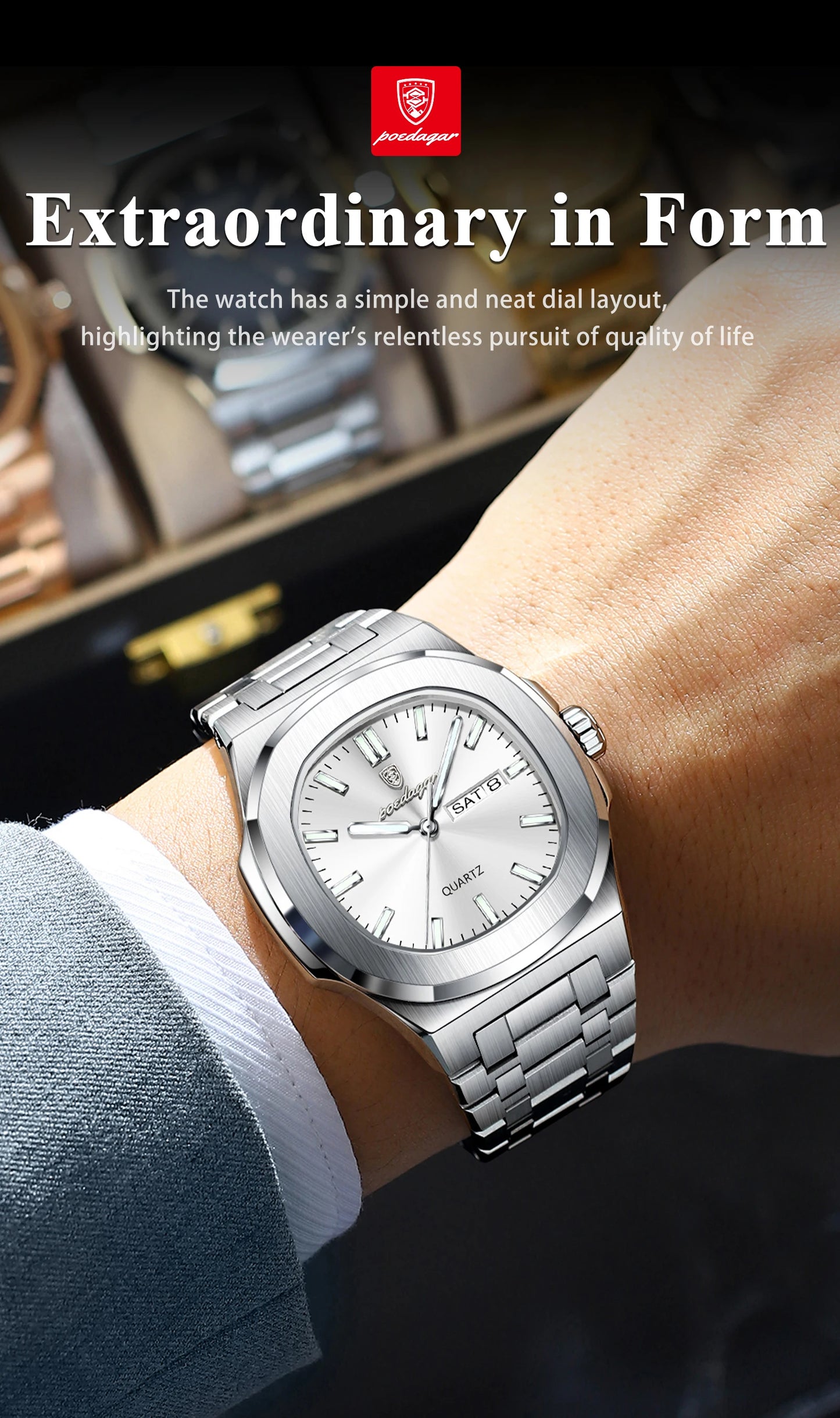 POEDAGAR Trendy Square Men's Watches Waterproof Luminous Date Week Man Clock Stainless Steel Exquisite Quartz Men Wristwatch+Box