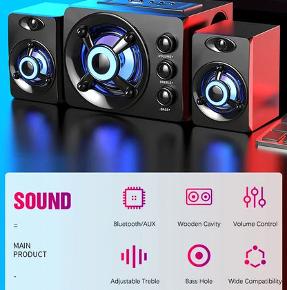Powerful Bluetooth Speakers Colorful LED Home TV Theater Sound Wireless Subwoofer 3D Stereo Surround Wooden Material USB Wired