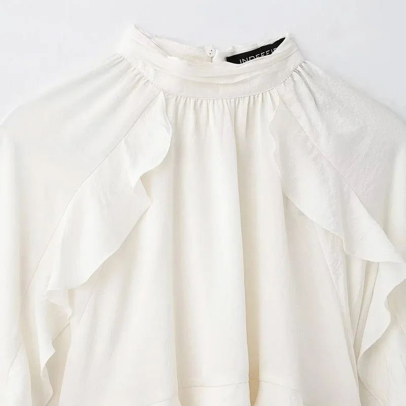 HXAO Woman Blouses Cropped Ruffle Blouse Long Sleeve Top Ruched Summer Plain Shirts Layered Beautiful Women's Blouses 088