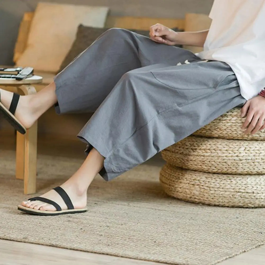 Beach Pants Solid Color Wide Leg Keep Cooling Pure Color Summer Trousers   Men Summer Trousers  Men Garment