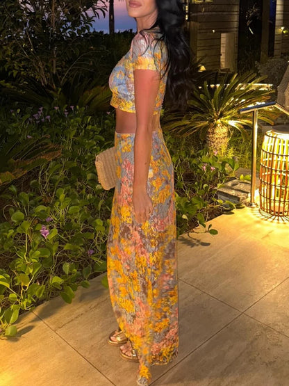 Chic Lace Shiny Women Suit Round Neck Sexy Short Top Slim Fit Elegant Long Skirt Fashion 2025 Night Party Birthday Women Suit