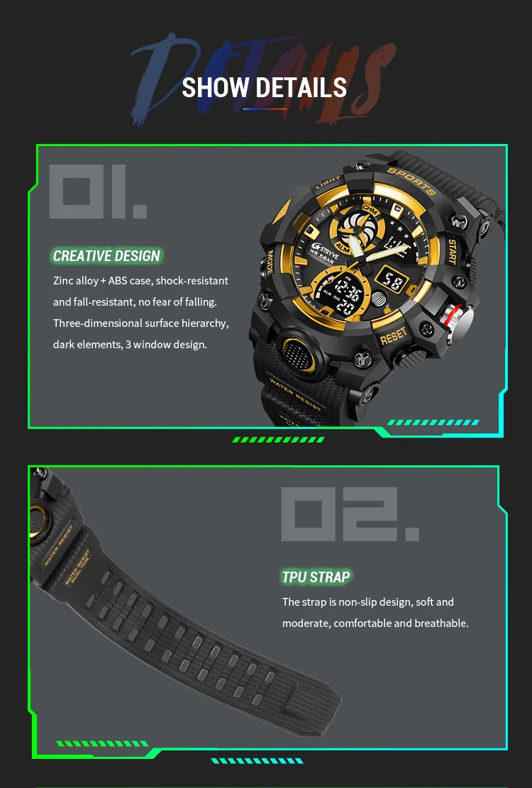 STRYVE Top Brand Electronic Watch For Men Outdoor Sports Waterproof Dual Time Display Quartz Wristwatches Rubber reloj hombre