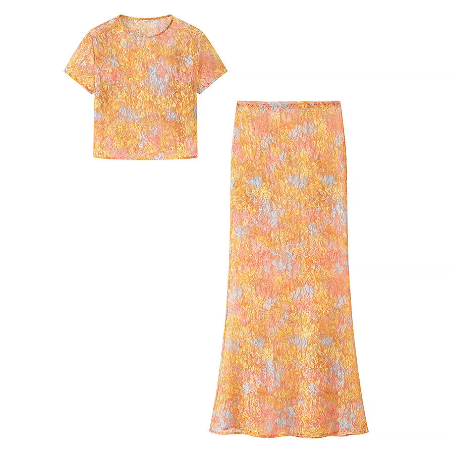 Chic Lace Shiny Women Suit Round Neck Sexy Short Top Slim Fit Elegant Long Skirt Fashion 2025 Night Party Birthday Women Suit