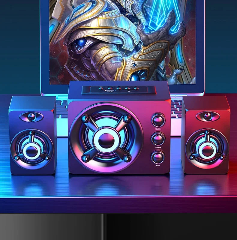 Powerful Bluetooth Speakers Colorful LED Home TV Theater Sound Wireless Subwoofer 3D Stereo Surround Wooden Material USB Wired