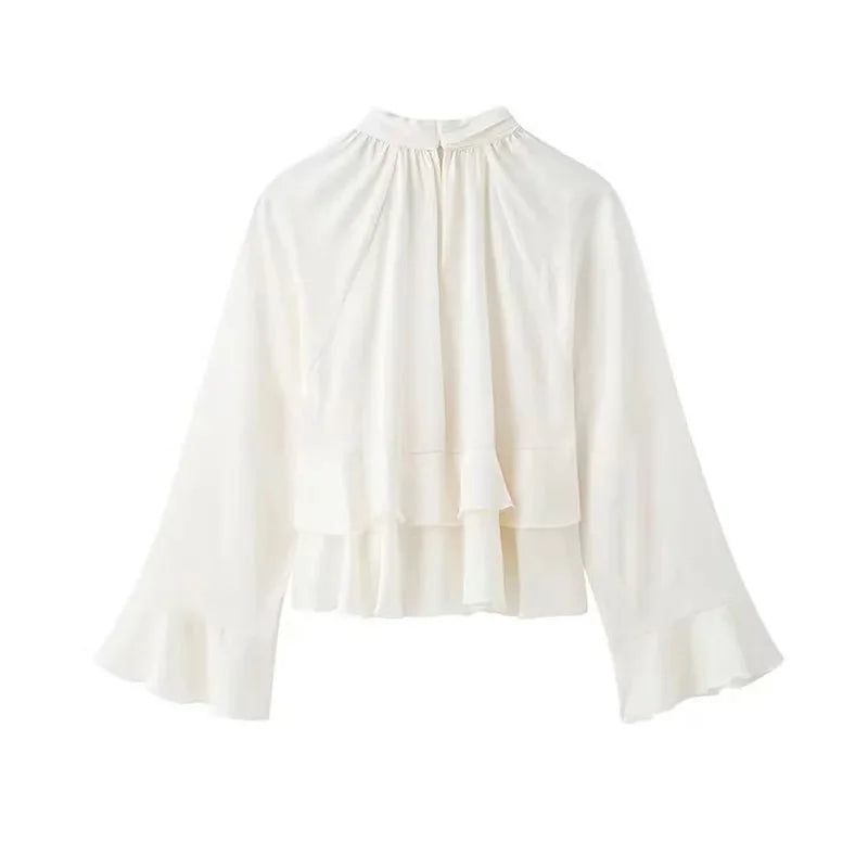 HXAO Woman Blouses Cropped Ruffle Blouse Long Sleeve Top Ruched Summer Plain Shirts Layered Beautiful Women's Blouses 088