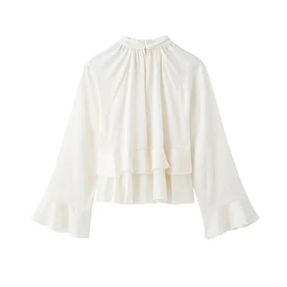 HXAO Woman Blouses Cropped Ruffle Blouse Long Sleeve Top Ruched Summer Plain Shirts Layered Beautiful Women's Blouses 088