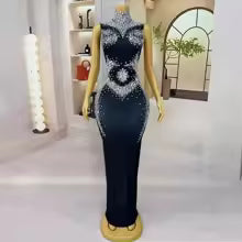 Women Sexy Stage Sparkly Rhinestones Sleeveless Dress Elegant Birthday Celebrate Evening dress Important occasion party dress