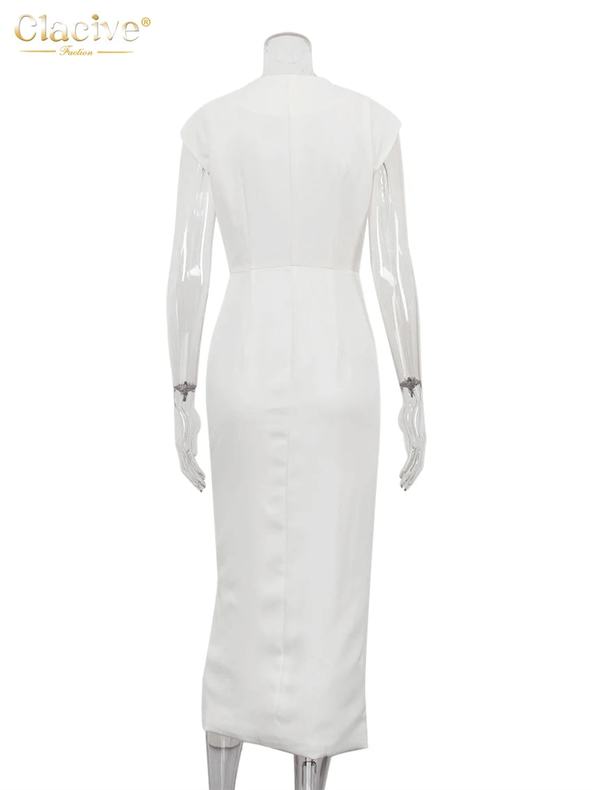 Clacive Summer Slim White Women's Dress 2025 Fashion O-Neck Sleeveless Ankle Length Dresses Elegant Classic Solid Female Dress