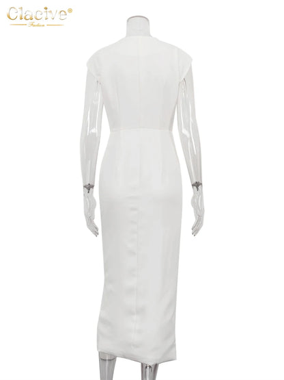 Clacive Summer Slim White Women's Dress 2025 Fashion O-Neck Sleeveless Ankle Length Dresses Elegant Classic Solid Female Dress
